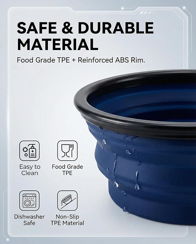 Collapsible Dog Bowls for Travel, 2-Pack Dog Portable Water Bowl for Dogs Cats Pet Foldable Feeding Watering Dish for Traveling Camping with Carabiners, BPA Free (Grey&Navy, Large)