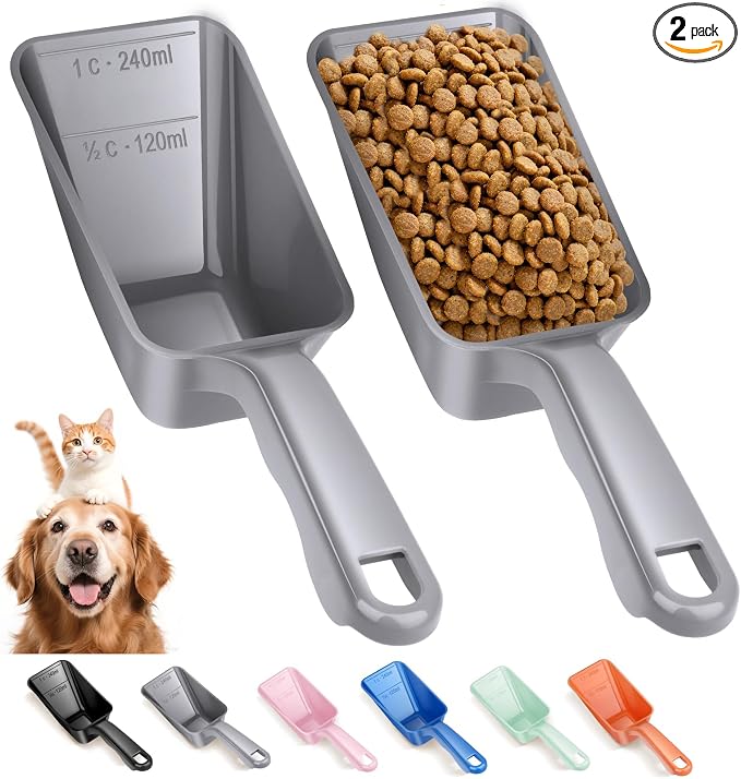 2-Pack Dog Food Scoop 1 Cup, Plastic Pet Food Measuring Scoop With Measuring Lines (1/2 & 1 Cup Markings) for Dogs, Cats, Fish, Bird（Grey)