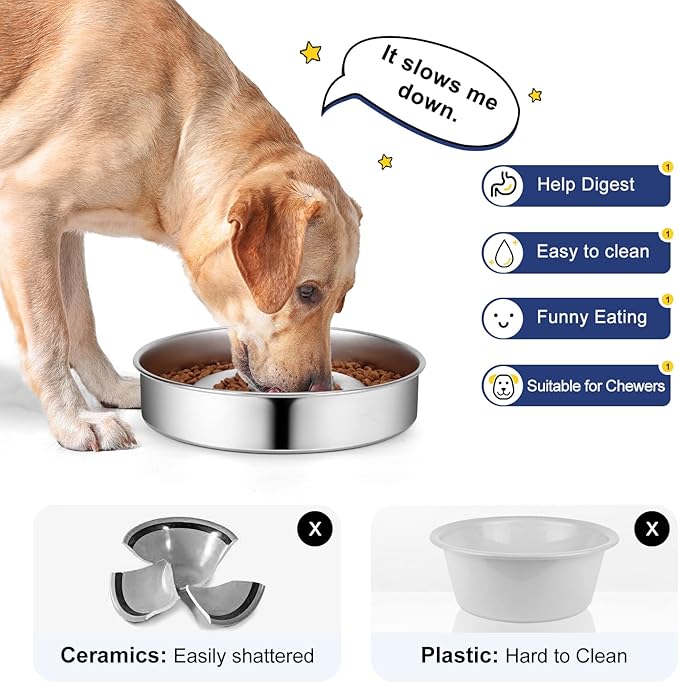 AIPERRO Stainless Steel Non Slip Slow Feeder Dog Bowl, 4 Cups Metal Dog Food Bowls for Medium and Large Dogs, Fun Bloat Stop Pet Bowl Dogs Water Bowl for Fast Eaters, Slows Down Pets Eating