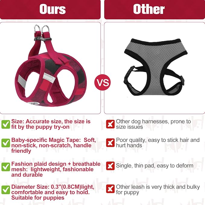 BEAUTYZOO Small Dog Harness and Leash Set, Step-in No Chock No Pull Soft Mesh Dog Harness Reflective for Extra-Small/Small Medium Puppy Dogs and Cats, Plaid Dog Vest Harness for XS S Pets, Red