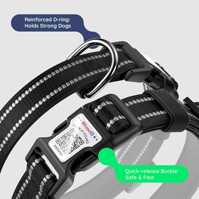 Airtag Dog Collar, Reflective Ultra-Durable Nylon Padded with QR Code Buckle & IP68 Waterproof Air Tag Holder Compatible for Apple AirTag, Comfortable for Small Medium Large Dogs(Black,L)
