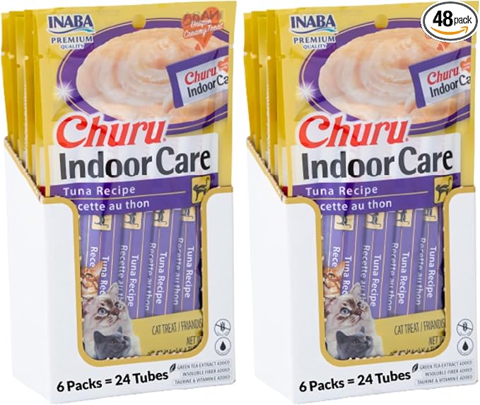 INABA Churu Indoor Care for Hairball Control, Functional Lickable Cat Treat with Taurine & Green Tea Extract, 0.5oz Each, Tubes, Tuna Recipe (Pack of 48)