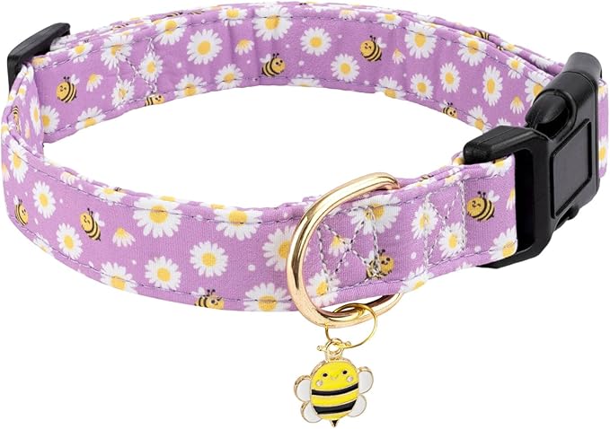Cotton Dog Collar,Soft and Cute Puppy Collars with Bee Patterned Design for Girl Female Boy Dogs,Adjustable Buckle Pet Collar for Small Medium Large Dogs (Purple Bee, L)
