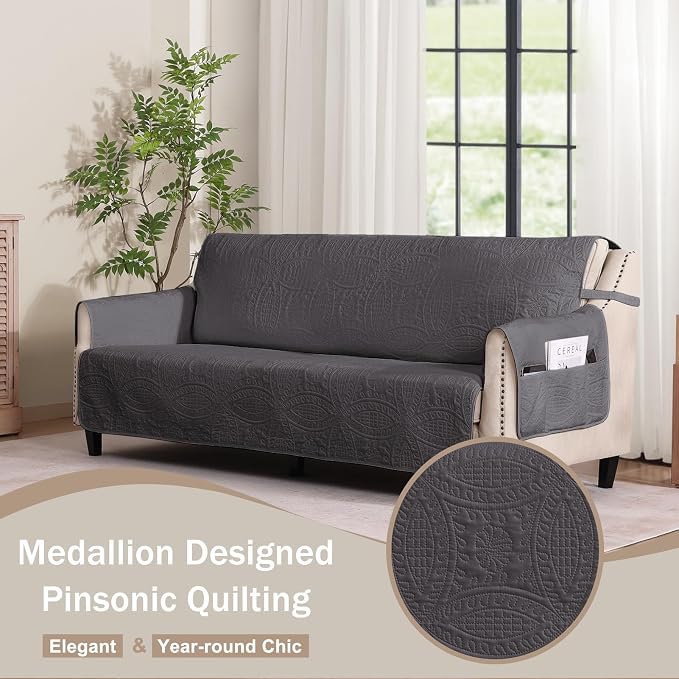 Soft Gray Loveseat Covers for 2 Cushion Couch, Water-Repellent Slip Covers for Sofa, Machine Washable Love Seat Quilted Couch Covers, Pet Friendly Loveseat Slipcovers (Loveseat 56", Gray)
