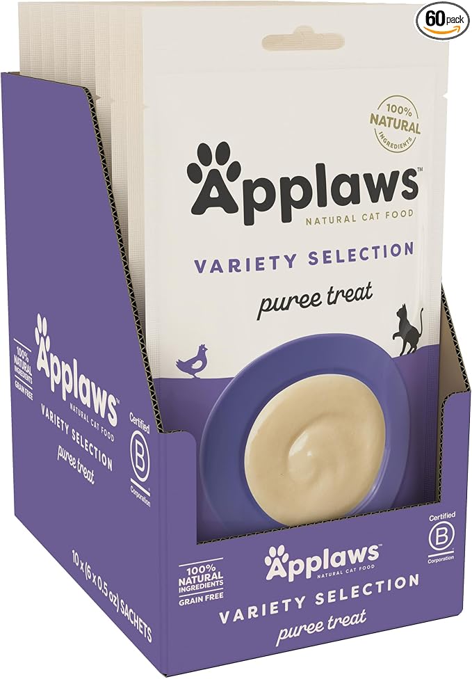 Applaws Lickable Cat Treats, Natural Grain-Free Purée, Made with Limited and Natural Ingredients, No Artificial Additives, Variety of Chicken, Tuna & Salmon Squeeze Up Cat Treats (60 x 0.5 oz Sachets)