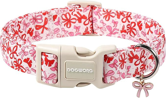 DOGWONG Cute Dog Collar, Pink Bow Pattern Dog Collar, Girl Female Dog Collars with Strong Plastic Buckle for Small Dogs,M