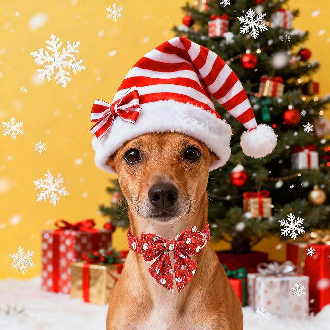Unique Style Paws Christmas Dog Collar with Bowtie Red Hat Christmas Man Cotton Puppy Collars for Small Medium Large Dogs