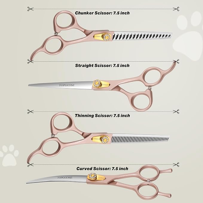 7.5‘’ Professional Dog Grooming Scissors Set 440C Stainless Steel Straight Thinning Curved Chunker Shears 4PCS Set for Pet Grooming Services Dogs and Cats (Rose Gold, Set)