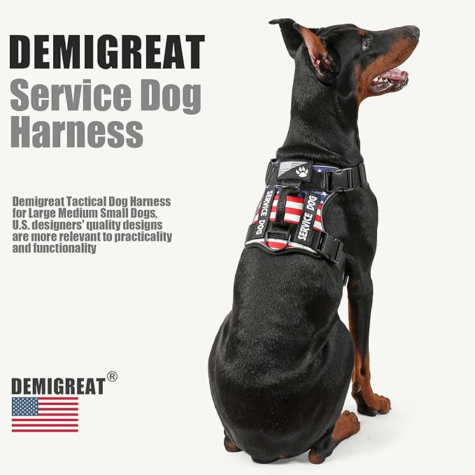 Service Dog Harness, Reflective Dog Vest Harness with 5 PCS Patches, Adjustable Soft Oxford Pet Harness, Inner Layer Mesh, Easy to Control for Dogs (USFLAG, Medium (Pack of 1))