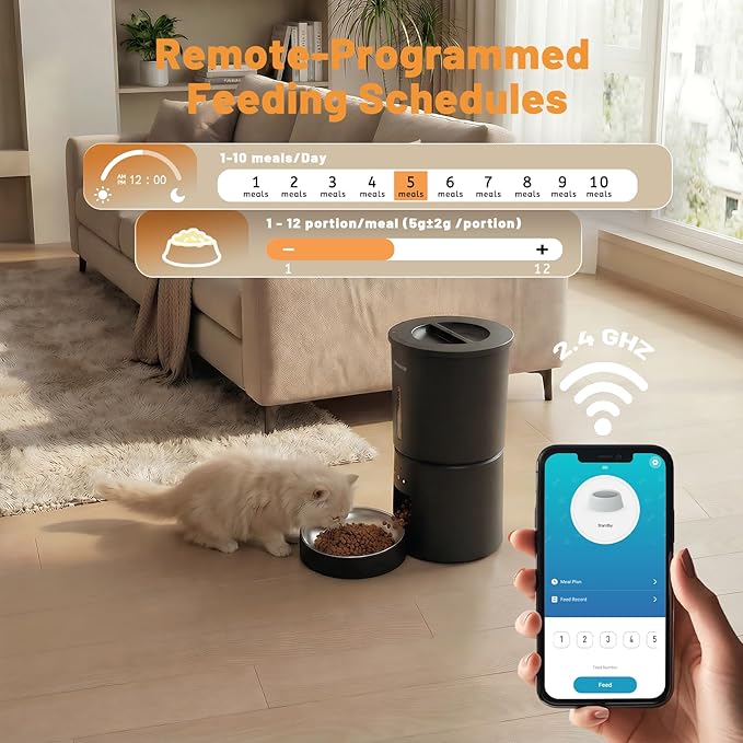 Miaosical Automatic Cat Feeder,2.4G WiFi Timed Auto Cat Food Dispenser with 10s Voice Recorder,Dual Power Supply,4.2L Auto Cats Feeder(Black, 4.2L WiFi Single Bowl)