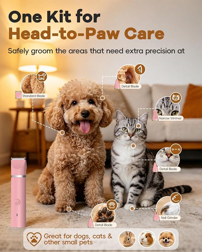 Veeconn Dog Grooming Clippers Kit-Electric Rechargeable Cat Trimmer Tools-Cordless Quiet Pet Nail Paw Grinder-4 in 1 Multifunctional Low Noise Shaver-Razor for feet Face Ears Toenail Eye (Pink)