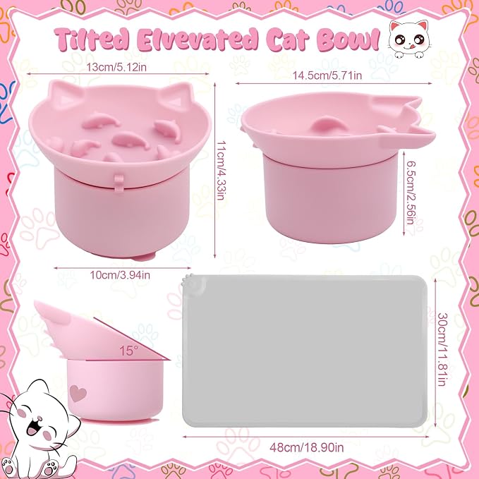 2 Pack Slow Feeder Cat Bowls Silicone Tilted Raised Pet Bowl with Non Slip Base for Digestion Anti Vomit, Pink, Blue