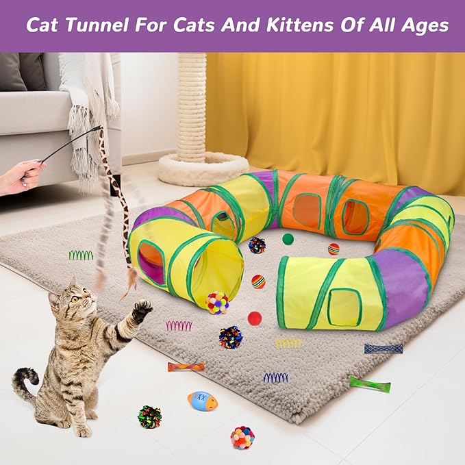 Retro Shaw Cat Toys Pack 25Pcs, Interactive Kitten Toys for Indoor Kittens Cats, Collapsible Kitty Play Tunnel Tent Feather Wand Balls Bell Springs Mouse Kitty Toys for All Breeds (4 Tunnel)