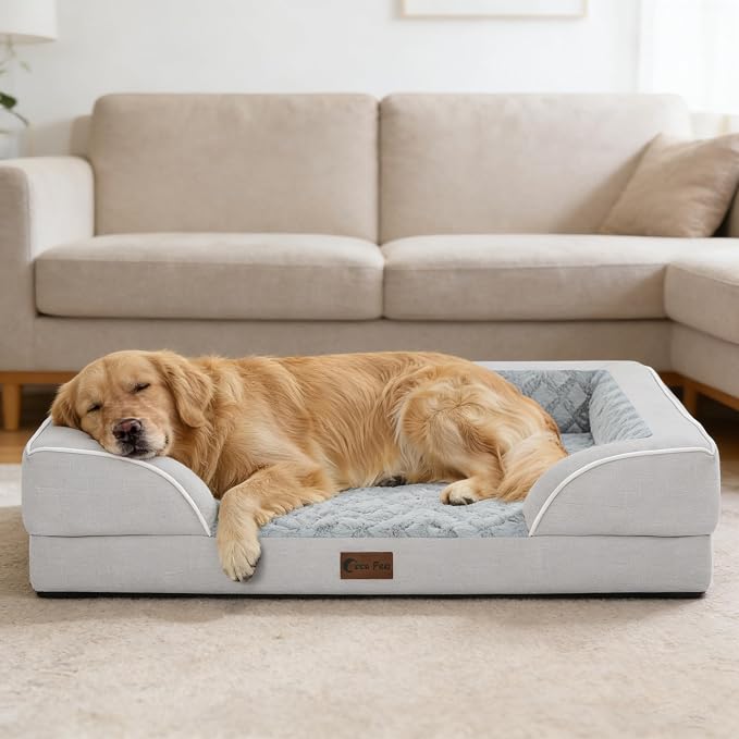 Orthopedic Dog Beds for Large Sized Dogs 35x22 Inch, Medium Waterproof Egg Crate Foam Dog Sofa Bed with Removable Washable Cover Pet Couch with Bolster Side & Non-Slip Bottom, Light Grey