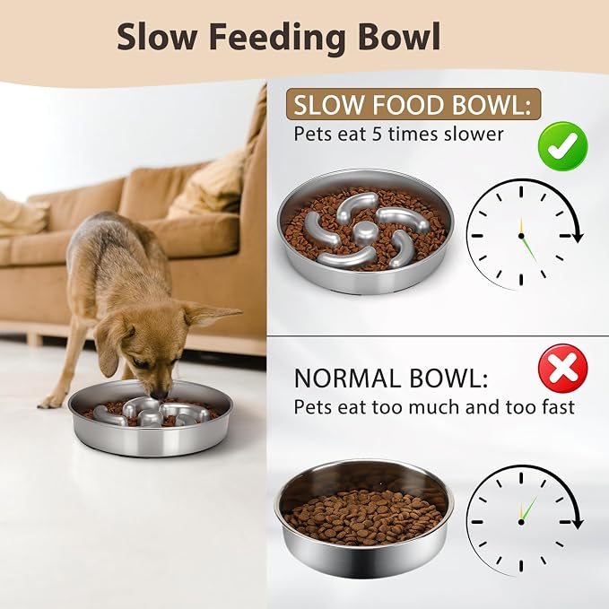 Slow Feeder Dog Bowl, 2 Cups Stainless Steel Heavy Duty with Non-Slip Base 8.7 inch Puzzle Maze Dog Food Bowls for Medium, Large Breed Size Dogs to Slow Down Eating