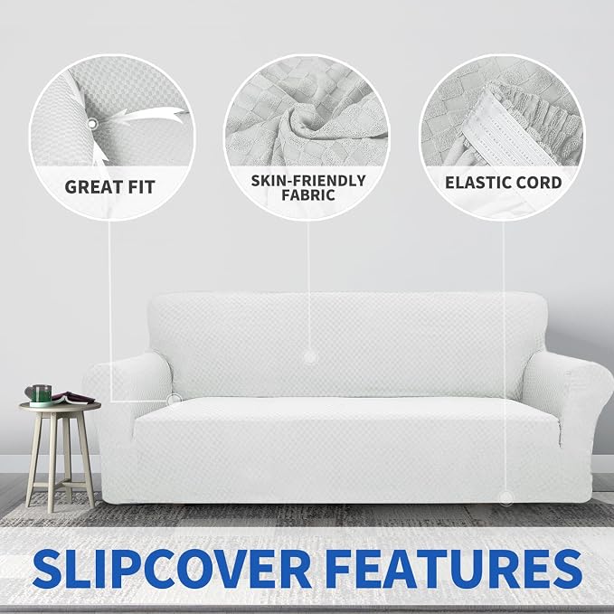 ZNSAYOTX 1 Piece Jacquard Couch Covers for 2 Cushion Couch High Stretch Loveseat Slipcover for Pets Dogs Anti Slip Love Seat Sofa Slipcover Furniture Protector (Medium, White)