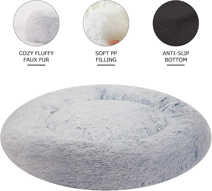 Bedfolks Calming Donut Dog Bed, 36 Inches Round Fluffy for Large Dogs, Anti-Anxiety Plush, Machine Washable (Light Blue, Large)