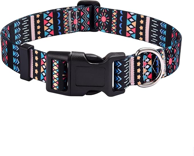 Mihqy Dog Collar with Bohemia Floral Tribal Geometric Patterns - Soft Ethnic Style Collar Adjustable for Small Medium Large Dogs(Black Bohemia,S)