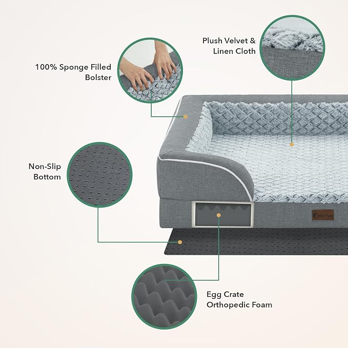 Orthopedic Dog Beds for Extra Large Sized Dogs 53x42 Inch, XXL Waterproof Egg Crate Foam Dog Sofa Bed with Removable Washable Cover Big Pet Couch with Bolster & Non-Slip Bottom, Grey
