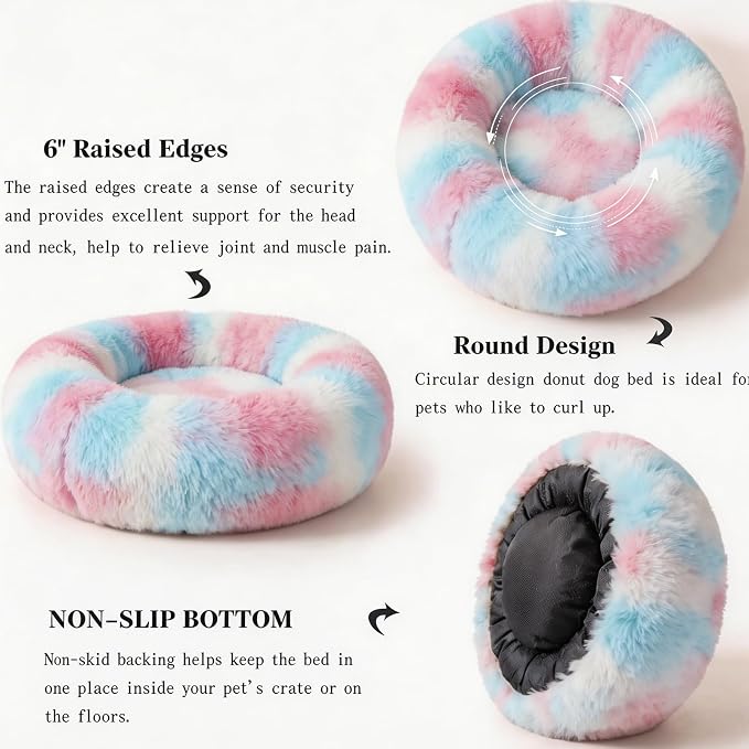 Calming Donut Dogs Beds for Small Dogs Washable,23inch Plush Round Pet Bed for Cozy Sleep,Fluffy Faux Fur Large Cat Bed,Fits up to 25 lbs Pets,Multi Colored