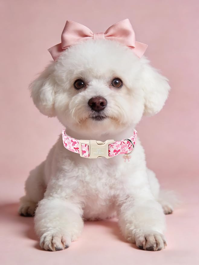 Maca Bates Pink Bow Basic Dog Collar with Cute Sailor Bowtie Charm for Large Girl Dogs, Girly Bows Gingham Pattern,Feminine Style Adjustable Durable Soft Collars Birthday Gift for Female Puppy
