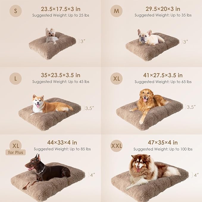 EHEYCIGA Fluffy XXL Dog Crate Pad, Plush Faux Fur Bed for Extra Large Dogs, Calming Anti Anxiety XXL Dog Bed, Washable Soft Warm Mat with Non-Slip Bottom, Camel