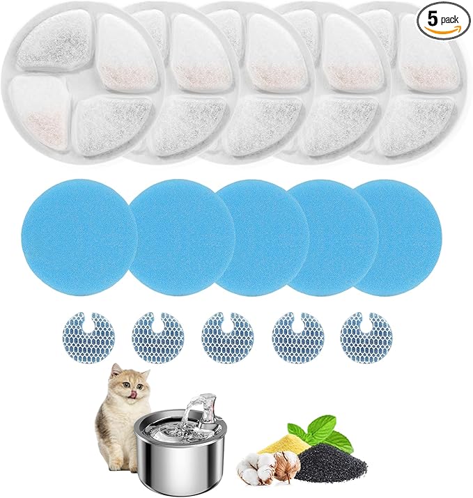 Cat Water Fountain Filter,Cat Fountain Filters Replacement for Round 2L/67oz Stainless Steel Pet Water Fountain,5 Pack Pet Fountain Filter Replacement