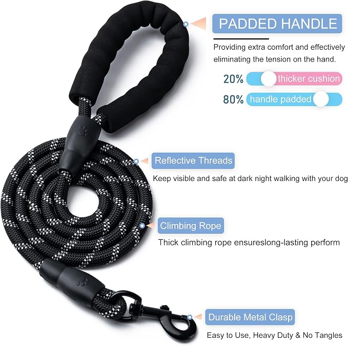2 Pack Dog Leash, 4/5//6 FT Heavy Duty Nylon Rope Pet Leashes with Comfortable Padded Handle, Reflective Dog Leashes for Small Medium and Large Dogs (6FT-1/2,Black/Red)