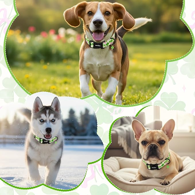 St. Patrick's Day Dog Collar, Cute Dog Collars with Green Clover, Adjustable Cotton Pet Collars for Small Medium Large Dogs, Ideal for Puppy Girl Boy Female Male Dogs Gifts-L
