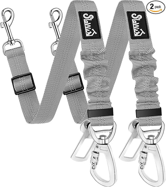 SlowTon Dog Seatbelt, 2 Pack Dog Seat Belt Car Leash Adjustable Elastic Bungee Buffer Heavy Duty Nylon Reflective Pet Safety Tether Connect to Dog Harness for Travel Riding in Vehicle (Daul Clip, GY)