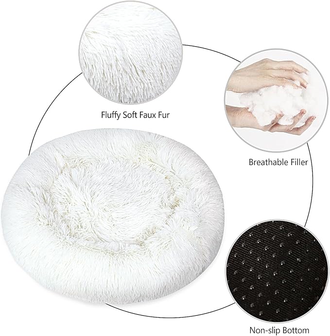 Calming Dog Bed for Medium Dogs Cats, Puppy 31'' Round Anti-Anxiety Warm Fluffy Plush Faux Fur Bed, Soft Anti-Slip Donut Washable, Cozy Medium Puppy Bed, Fits up to 50 lbs Pets