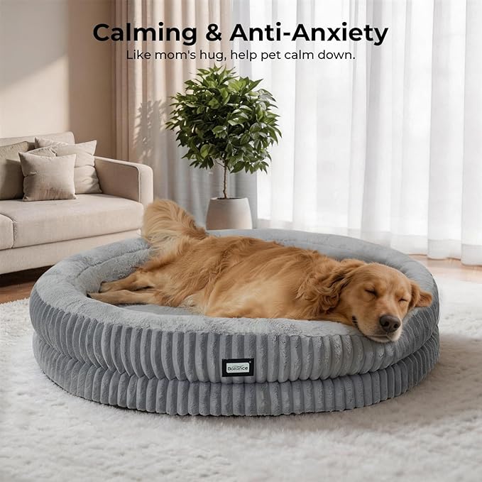 BALANCE Donut Dog Bed, 43 Inches Round Dog Bed Extra Large Size Dogs Washable, Orthopedic Calming Dogs Beds for Pets, Fluffy Plush Faux Fur Pet Bed with Anti-Slip Bottom