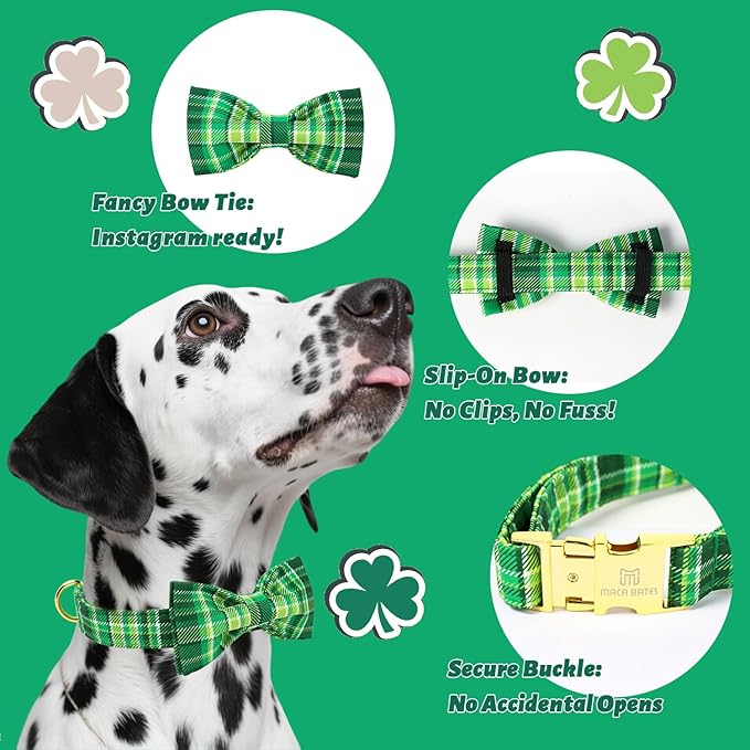 Maca Bates St. Patrick's Day Irish Plaid Dog Collar with Fancy Bow Tie,Shamrock Green Gingham Pattern for Extra Small Girl Boy Dogs,Adjustable Durable Soft Collars Gift for Male Female Puppy