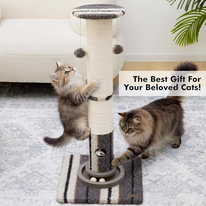 Woochpet 34inches Cat Scratching Post Sisal Cat Scratcher with Cat Ball Track Toy Heavy Duty and Thicker Large Diameter Natural for Adult Cats and Kitty Protect Your Furniture (Grey)