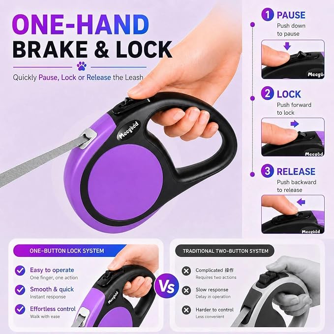 Double Retractable Dog Leash for Two Dogs Up to 50 lbs - 16 ft Coupler Leashes for Small Medium Dogs - One Locked System, Non Slip Grip, Tangle Free (Purple)