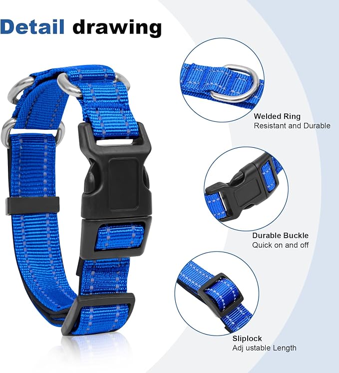 Reflective Martingale Dog Collars. Dog Collar with Quick Release Buckle. Adjustable Soft Padded Breathable Nylon Pet Collar Suitable for Puppies for Small Medium Large Dogs.