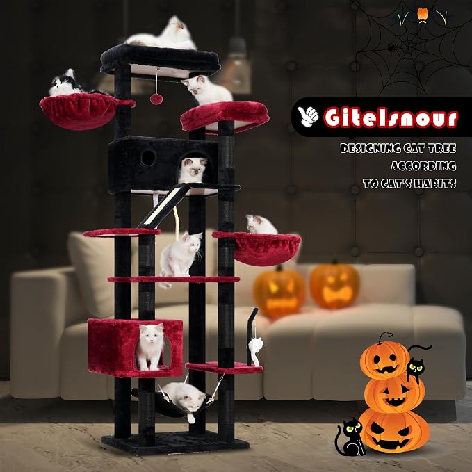 Gitelsnour Gothic Cat Tree for Large Cats, 78.7"(200cm) Tall Cat Tower for Indoor Cats Multiple Cats with Large Top Perch, Cat Condo, Cat Hammcok, Cat Scratching Post, Black and Red GCT031BR
