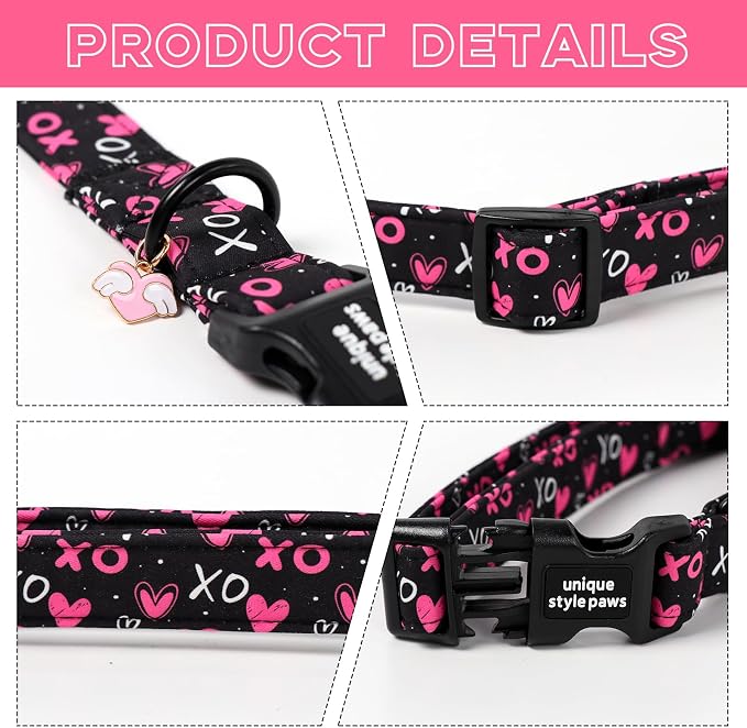 Unique Style Paws Valentine Dog Collar Plastic Buckle with Pendant BlackBerry Love Heart Cotton Puppy Collars for Small Medium Large Dogs