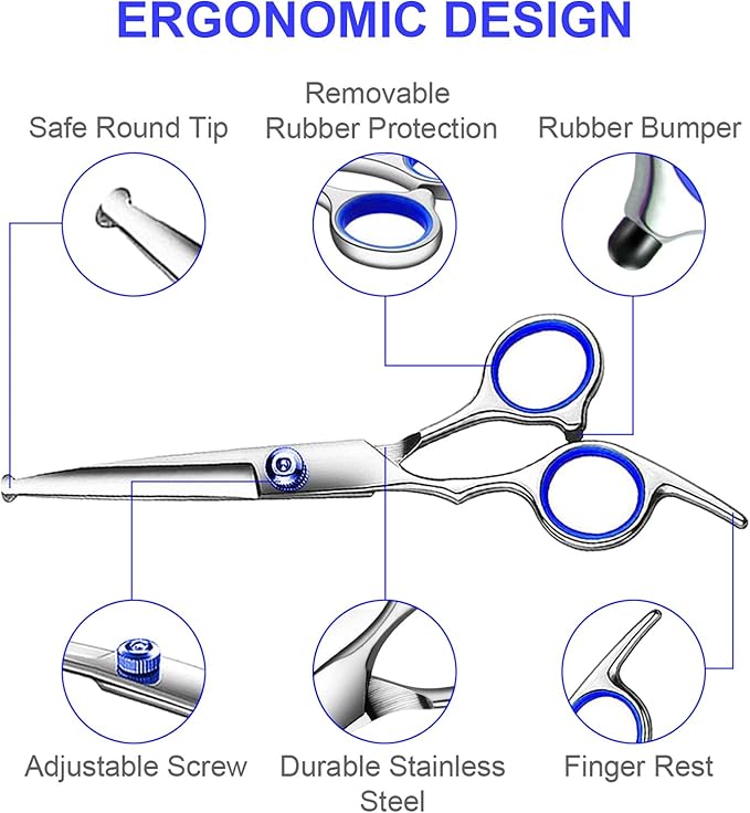 TINMARDA Dog Grooming Kit, Professional Stainless Steel Dog Grooming Scissors with Curved Shears, Blue Finger Rings - 5 Piece Sharp Durable Pet Shears for Dogs Cats At Home Salon-Quality Grooming