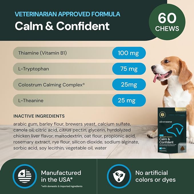 VetriScience Veterinary Strength Calm & Confident Chews - Stress Supplement for Pets - Supports Brain Function for Cats & Dogs - with L-Theanine, Thiamine & More - 60 Count