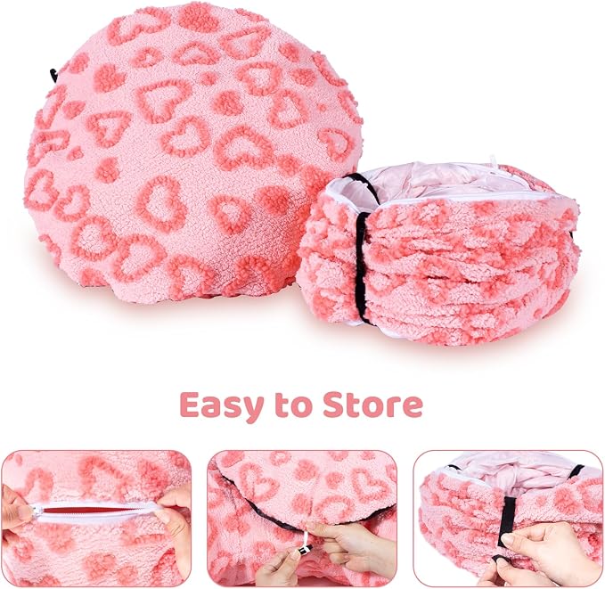 Cat Tunnel Bed, Cute Cat Tunnel Toy with Washable Cushion, Fits Indoor Cats up to 25 lbs, Cute Peekaboo Cave Pet Bed for Kittens, Rabbits, Pink Heart