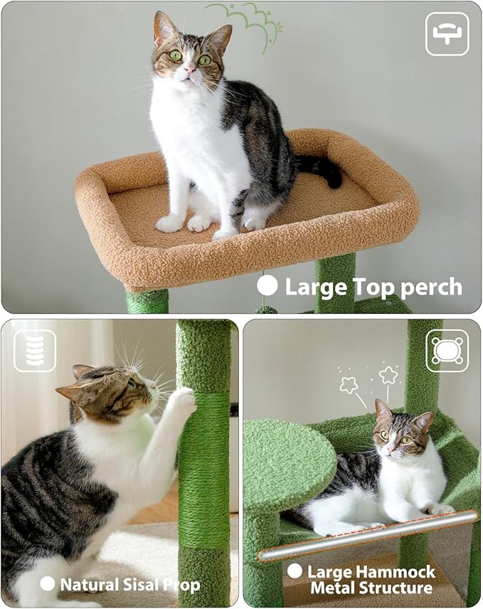 MUTTROS Cactus Cat Tree for Large Cats with Metal Plush Big Hammock, 56.3" Cat Tower for Indoor Cats with 2 Door Condo House, 6-Tier Cat Shelves with Scratching Posts and Large Top Perch,Green