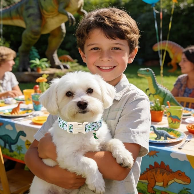 Summer Dinosaur Dog Collar for Boy Dogs- DOGWONG DinosaurDog Collar, Adjustable Soft Boy Dogs Collars for Small Dogs, S