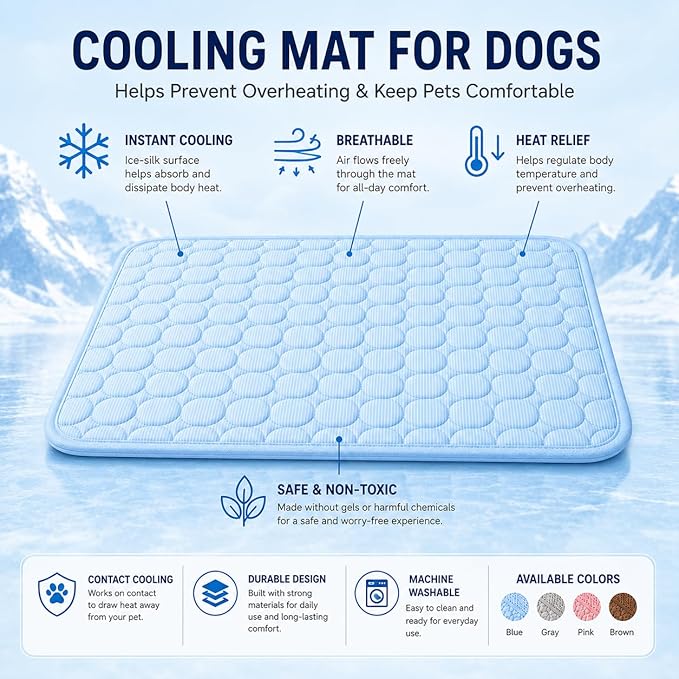 Mat for Dogs and Cats, Ice Silk Pet Cooling Mat, Washable Dog Cooling Pad with Soft PP Cotton Padding, Breathable Dog Bed Mat for Crate, Sofa, Car, Indoor Outdoor (Blue, Large)