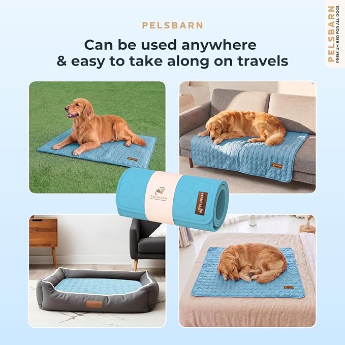 Pelsbarn Dog Cooling Mat- Ice Silk Summer Comfort, Self Cooling, Non-Slip Dog Pad, Durable & Washable, Mat for Extra Large Dogs 33 x 45, Support Shelter Dogs with Every Purchase (Blue)