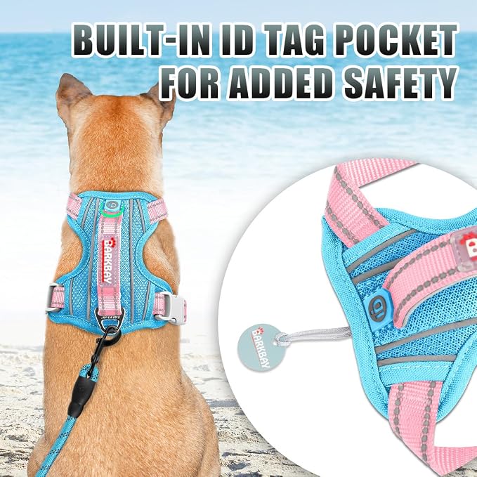 BARKBAY No Pull Dog Harness Large Reflective Dog Harness with Front Clip and Easy Control Handle for Walking Training Running with ID tag Pocket(Baby Blue & Baby Pink,XS)