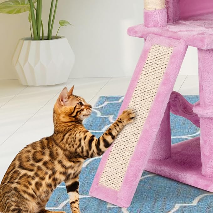 Pink Cute Cat Tree for Indoor Cat Tower with Scratching Post Modern Activity House Hammock Hanging Ball Condo with Board