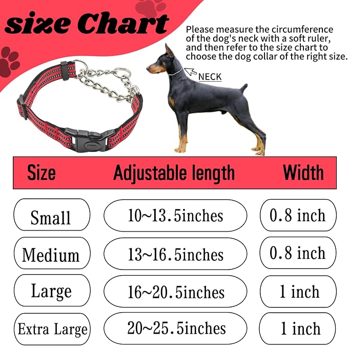 Martingale Dog Collars, Reflective Nylon Collar with Stainless Steel Chain, Adjustable Walking Training Dog Collars with Quick Release Buckle, Suitable for Small Medium Large Dogs(Red,L)