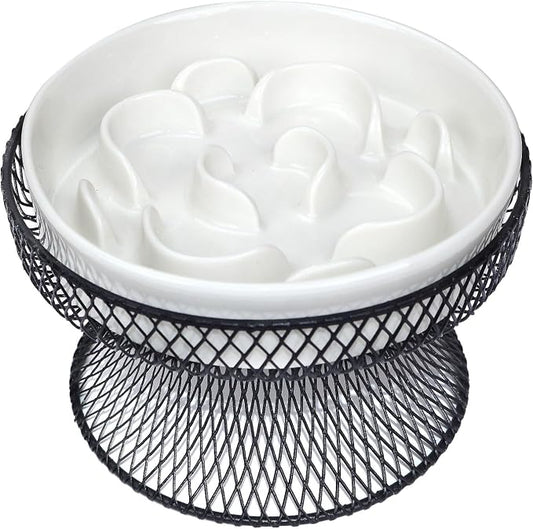 Raised Ceramic Cat Slow Feeder Bowl, Elevated Cat Plate with Stand, Slow Bowl for Wet and Dry Food, Whisker Friendly Pet Feeder for Kitten and Small Dog Perfect for Pet Gift