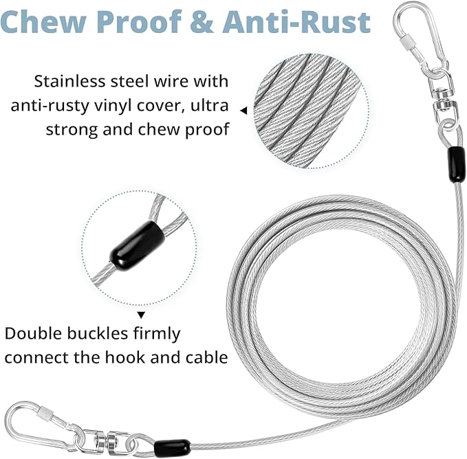 jenico Dog Tie Out Cable: 50 ft Dog Lead for Yard - Heavy Duty Chain Leash Outside for Small Large Dogs Up to 505 lbs - Outdoor Dog Runner Tether